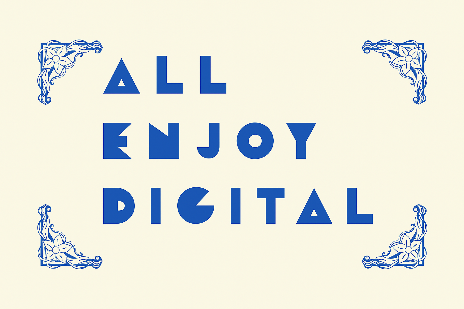 Logo design with the text 'ALL ENJOY DIGITAL' in bold geometric blue font, surrounded by ornate floral corner decorations on a cream background